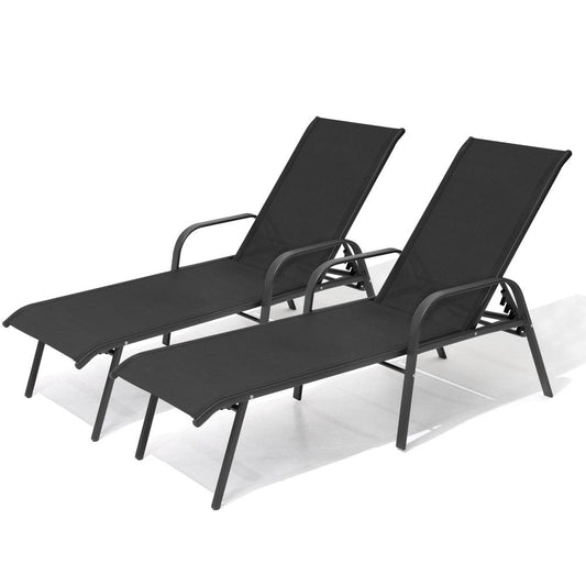 Set of Two Black Steel Six Position Adjustable Sling Outdoor Chaise Lounges