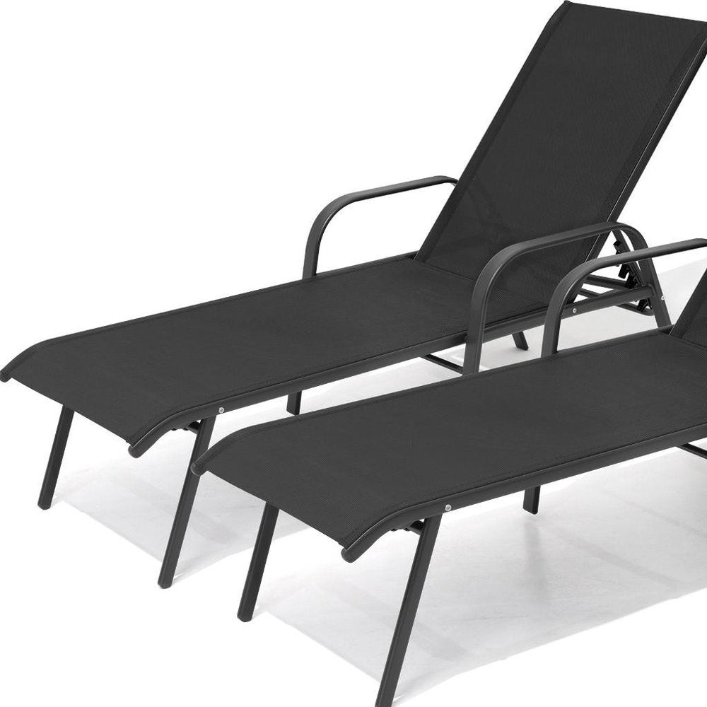 Set of Two Black Steel Six Position Adjustable Sling Outdoor Chaise Lounges HomeRoots