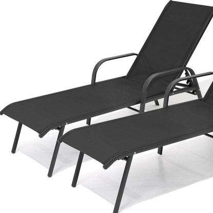 Set of Two Black Steel Six Position Adjustable Sling Outdoor Chaise Lounges HomeRoots
