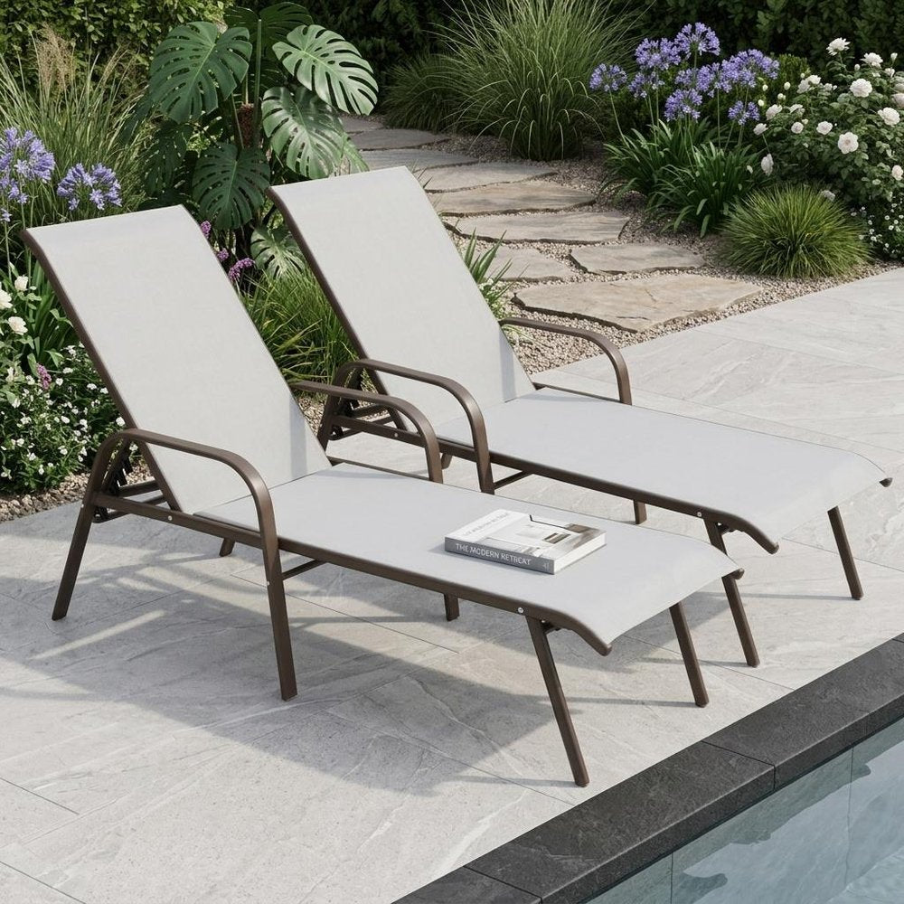 Set of Two Light Gray Steel Six Position Adjustable Sling Outdoor Chaise Lounges HomeRoots