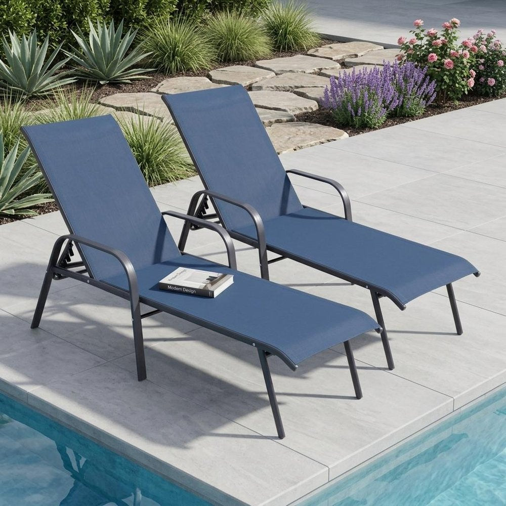 Set of Two Blue Steel Six Position Adjustable Sling Outdoor Chaise Lounges HomeRoots