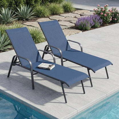 Set of Two Blue Steel Six Position Adjustable Sling Outdoor Chaise Lounges HomeRoots