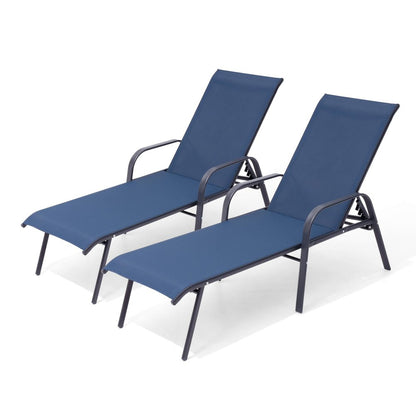 Set of Two Blue Steel Six Position Adjustable Sling Outdoor Chaise Lounges HomeRoots