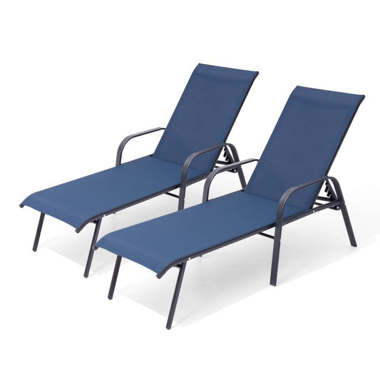 Set of Two Blue Steel Six Position Adjustable Sling Outdoor Chaise Lounges