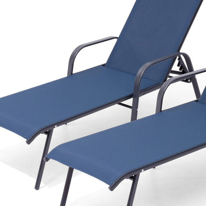 Set of Two Blue Steel Six Position Adjustable Sling Outdoor Chaise Lounges HomeRoots