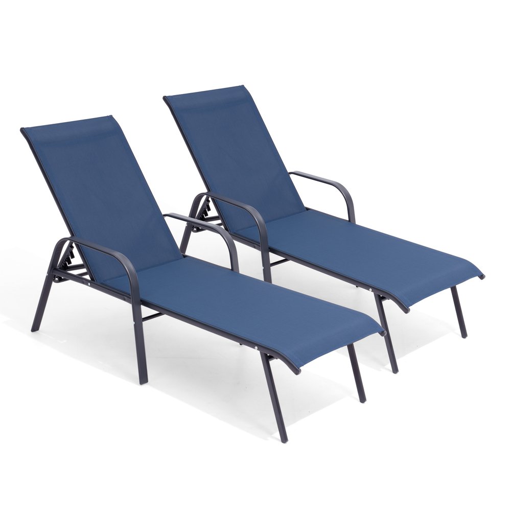Set of Two Blue Steel Six Position Adjustable Sling Outdoor Chaise Lounges — view 3