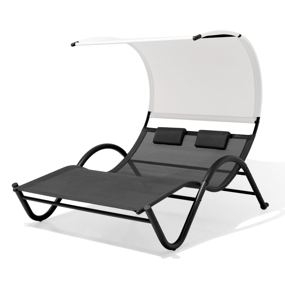 73" Black Aluminum Sling Outdoor Chaise Lounge With Canopy — view 2