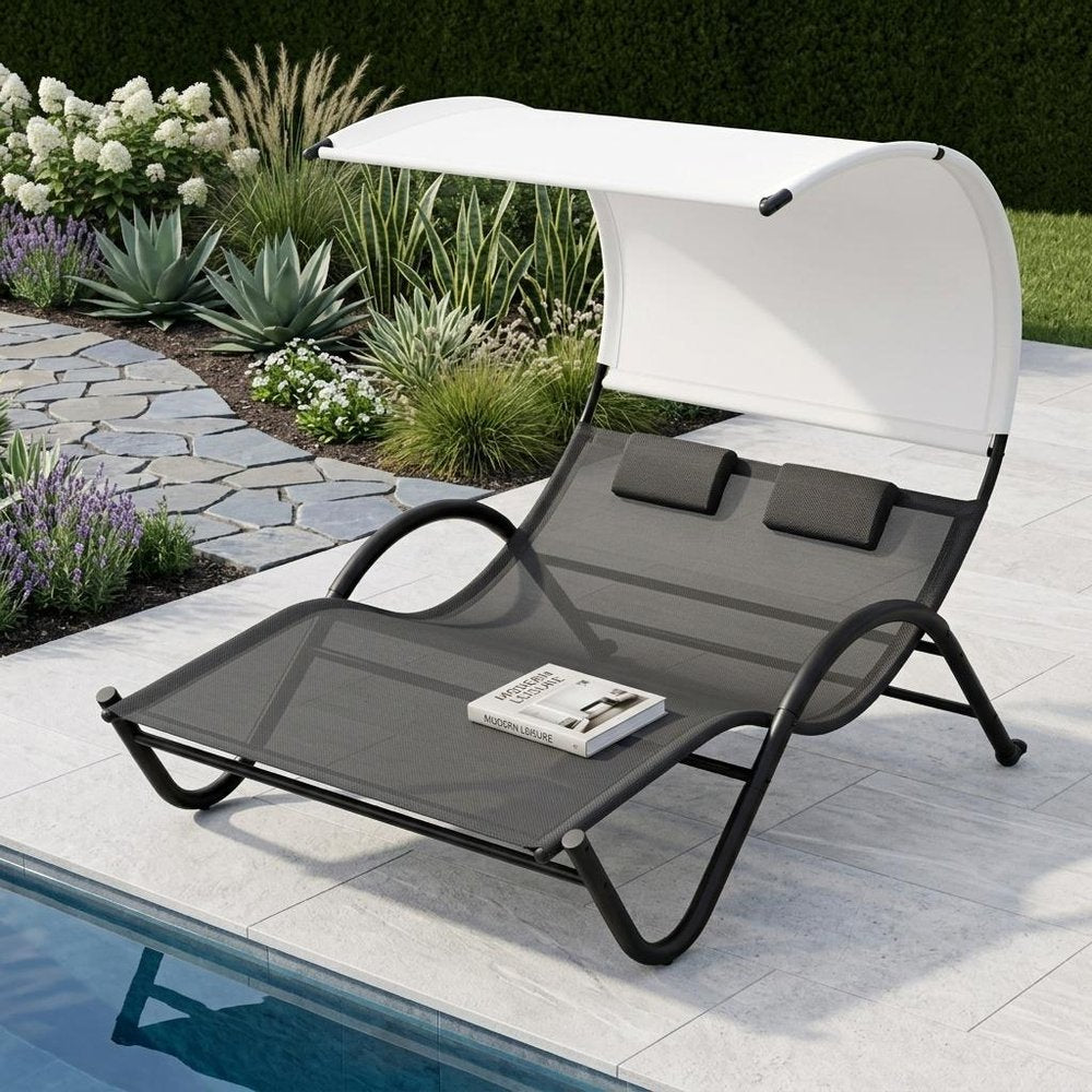 73" Black Aluminum Sling Outdoor Chaise Lounge With Canopy HomeRoots