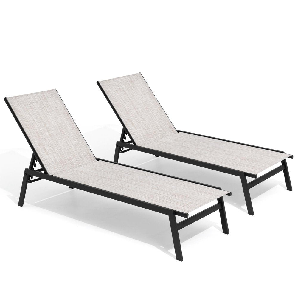 Set of Two Off White Steel Five Position Adjustable Sling Outdoor Stacking Chaise Lounges HomeRoots