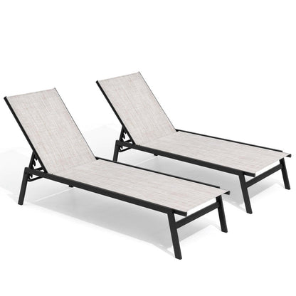 Set of Two Off White Steel Five Position Adjustable Sling Outdoor Stacking Chaise Lounges HomeRoots