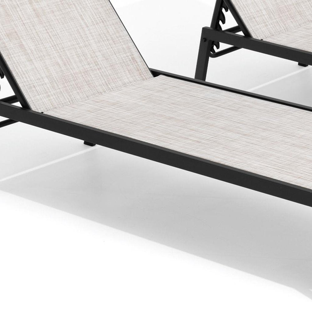 Set of Two Off White Steel Five Position Adjustable Sling Outdoor Stacking Chaise Lounges — view 3