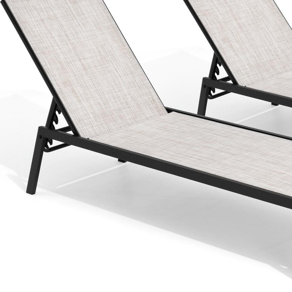 Set of Two Off White Steel Five Position Adjustable Sling Outdoor Stacking Chaise Lounges — view 4