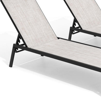 Set of Two Off White Steel Five Position Adjustable Sling Outdoor Stacking Chaise Lounges HomeRoots