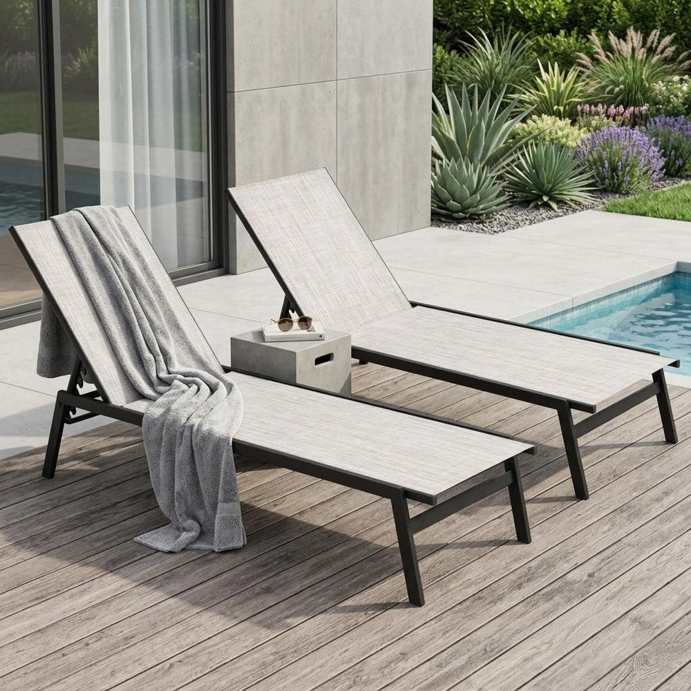 Set of Two Off White Steel Five Position Adjustable Sling Outdoor Stacking Chaise Lounges — view 1