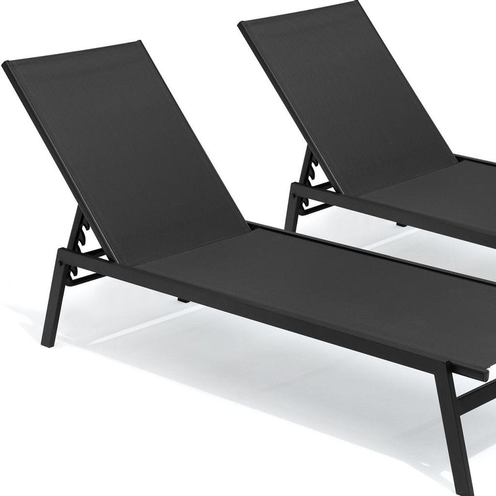 Set of Two Black Steel Five Position Adjustable Outdoor Stacking Chaise Lounges HomeRoots