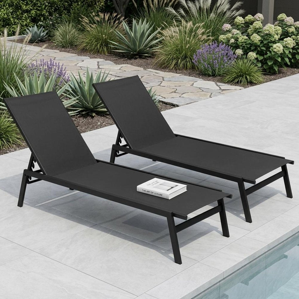 Set of Two Black Steel Five Position Adjustable Outdoor Stacking Chaise Lounges — view 1