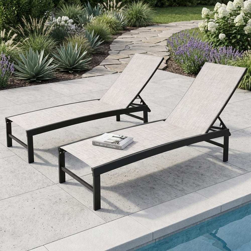 Set of Two Off White Aluminum Five Position Adjustable Outdoor Chaise Lounges HomeRoots