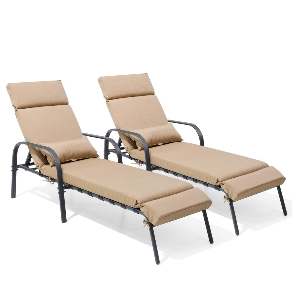 Set of Two Light Brown Steel Five Position Adjustable Outdoor Chaise Lounges with Light Brown Cushion HomeRoots