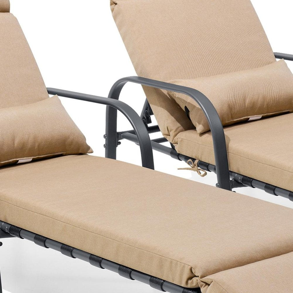 Set of Two Light Brown Steel Five Position Adjustable Outdoor Chaise Lounges with Light Brown Cushion — view 3