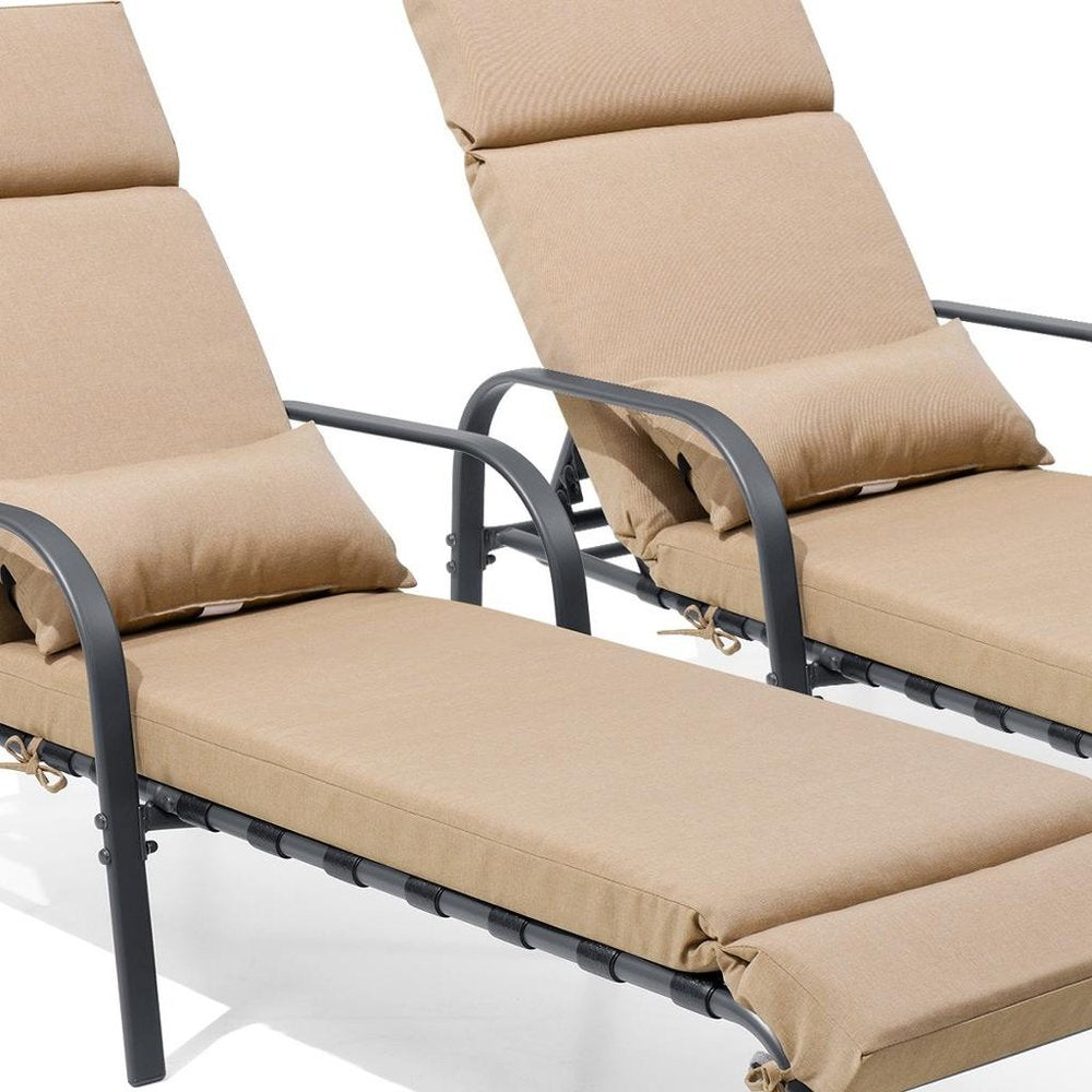 Set of Two Light Brown Steel Five Position Adjustable Outdoor Chaise Lounges with Light Brown Cushion HomeRoots