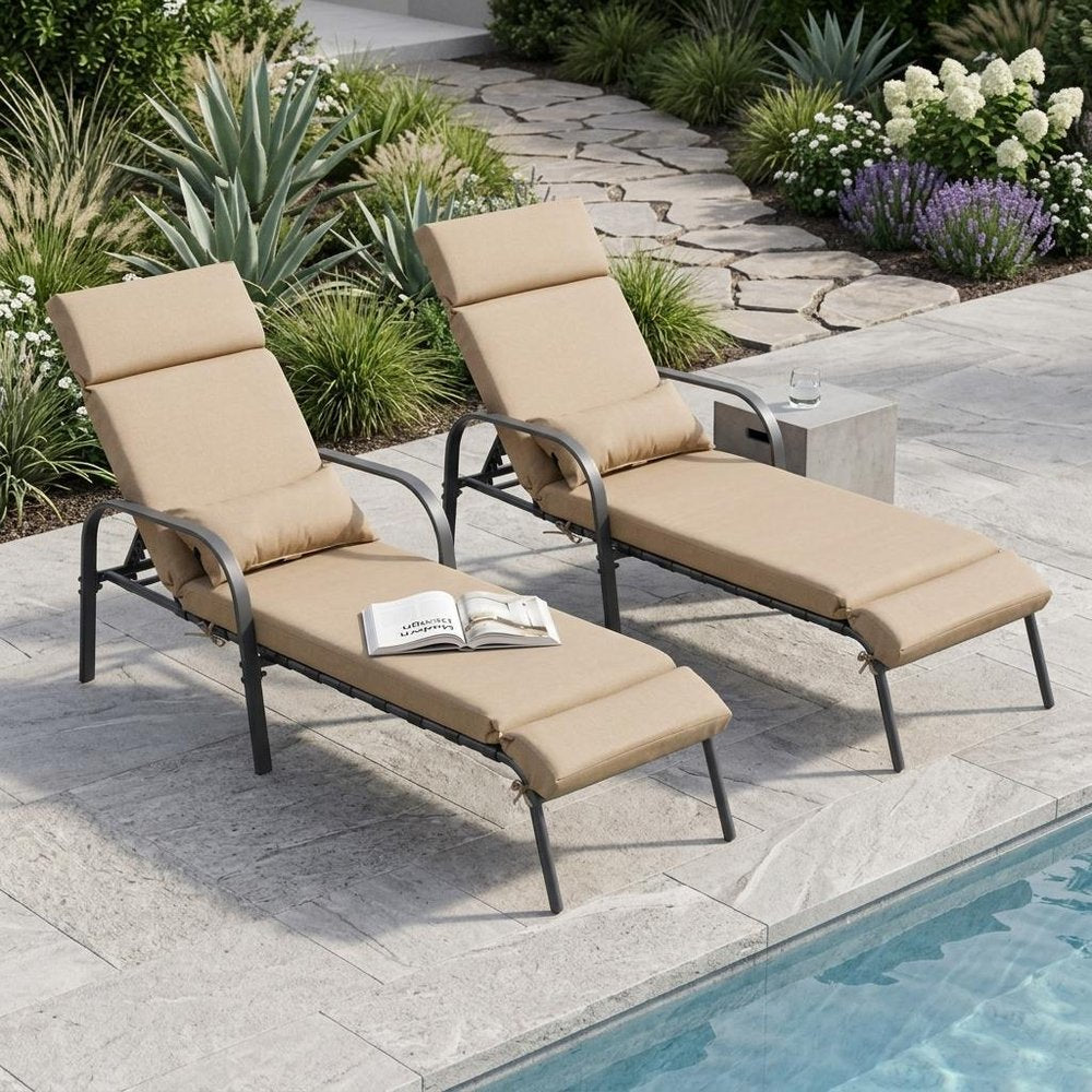 Set of Two Light Brown Steel Five Position Adjustable Outdoor Chaise Lounges with Light Brown Cushion HomeRoots