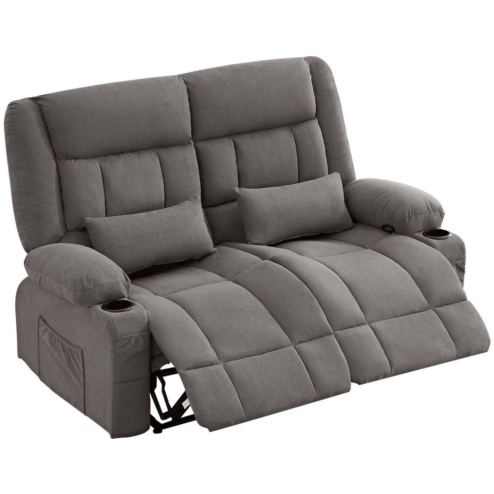 62" Gray Microfiber Manual Reclining Loveseat With Storage and Toss Pillows