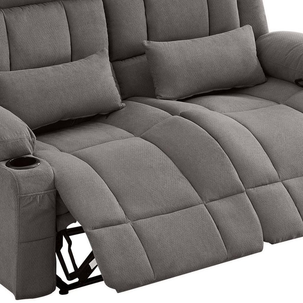 62" Gray Microfiber Manual Reclining Loveseat With Storage and Toss Pillows — view 3