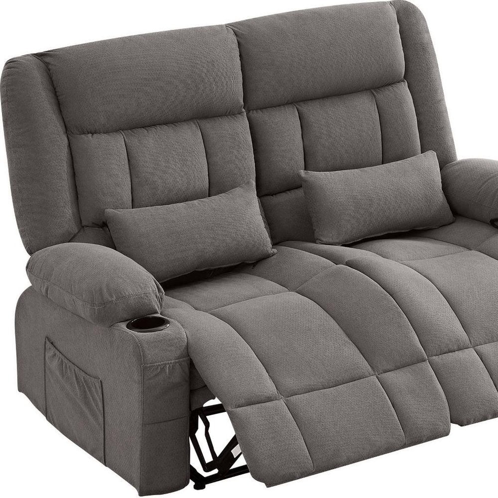62" Gray Microfiber Manual Reclining Loveseat With Storage and Toss Pillows — view 4