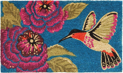 17" X 29" Blue Pink And Green Hummingbird Outdoor Coir Door Mat HomeRoots