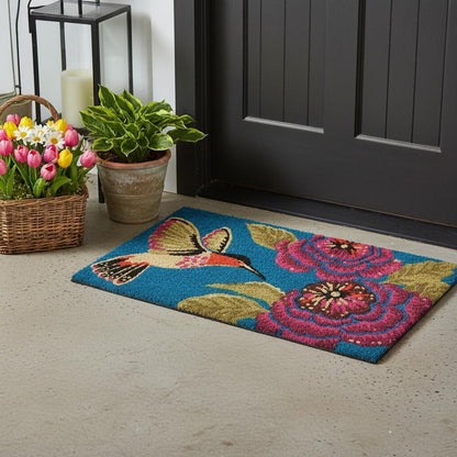 17" X 29" Blue Pink And Green Hummingbird Outdoor Coir Door Mat HomeRoots