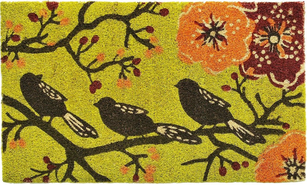 17" X 29" Green Black And Orange Floral Birds Outdoor Coir Door Mat — view 2