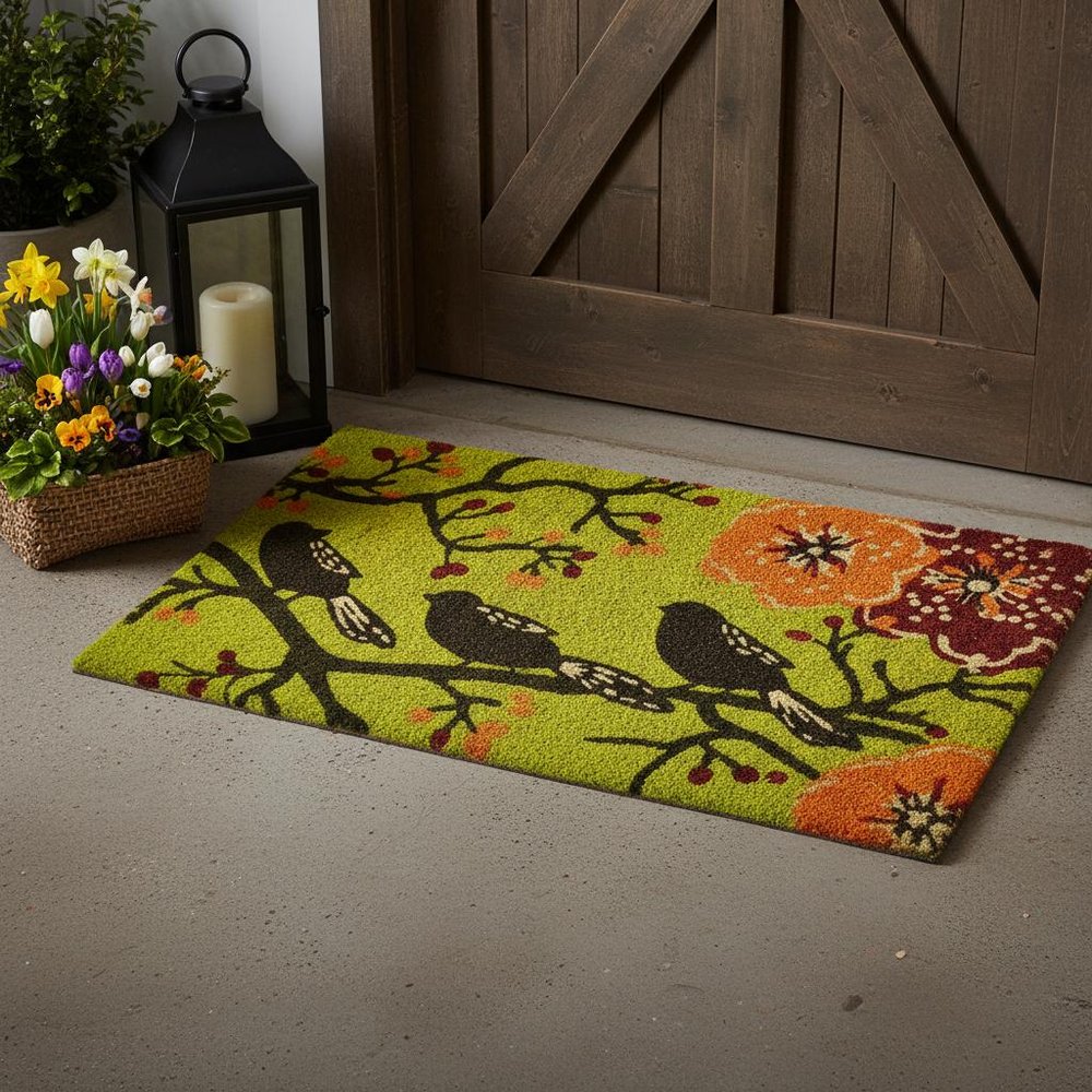 17" X 29" Green Black And Orange Floral Birds Outdoor Coir Door Mat — view 1