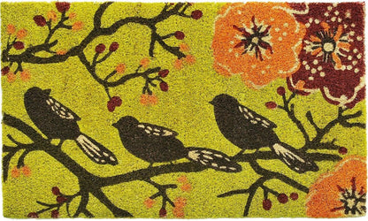 17" X 29" Green Black And Orange Floral Birds Outdoor Coir Door Mat HomeRoots