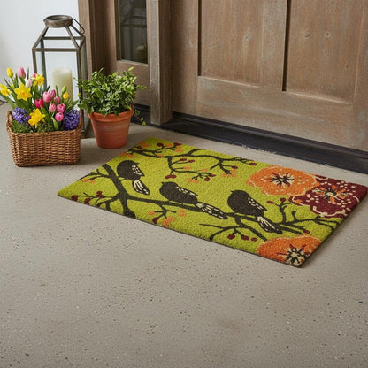 17" X 29" Green Black And Orange Floral Birds Outdoor Coir Door Mat HomeRoots