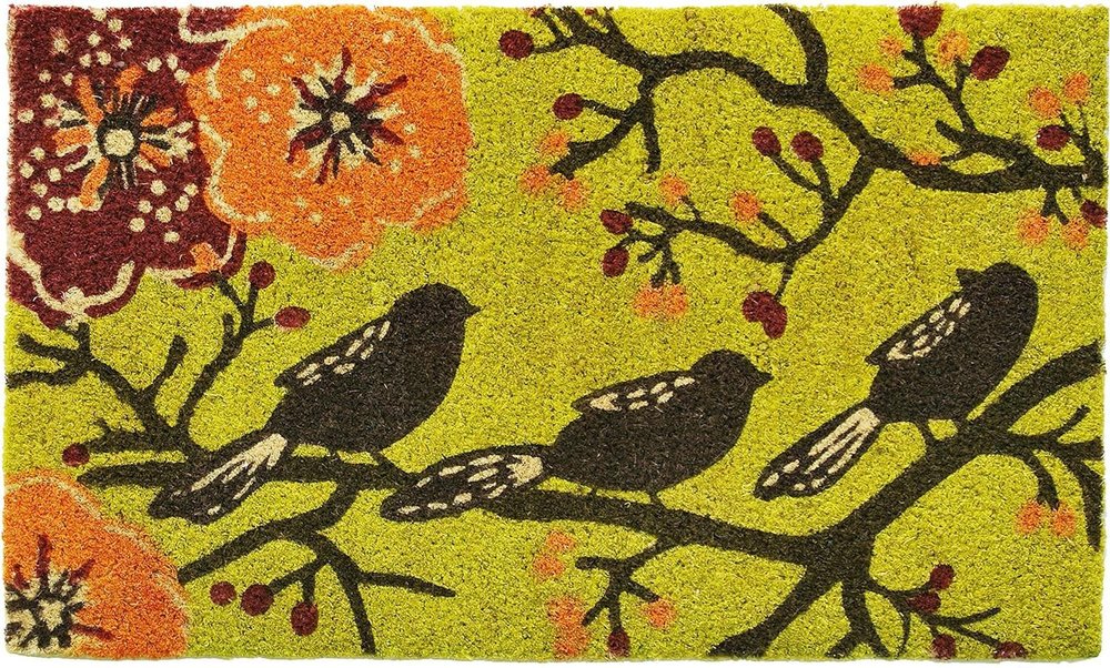 17" X 29" Green Black And Orange Floral Birds Outdoor Coir Door Mat HomeRoots