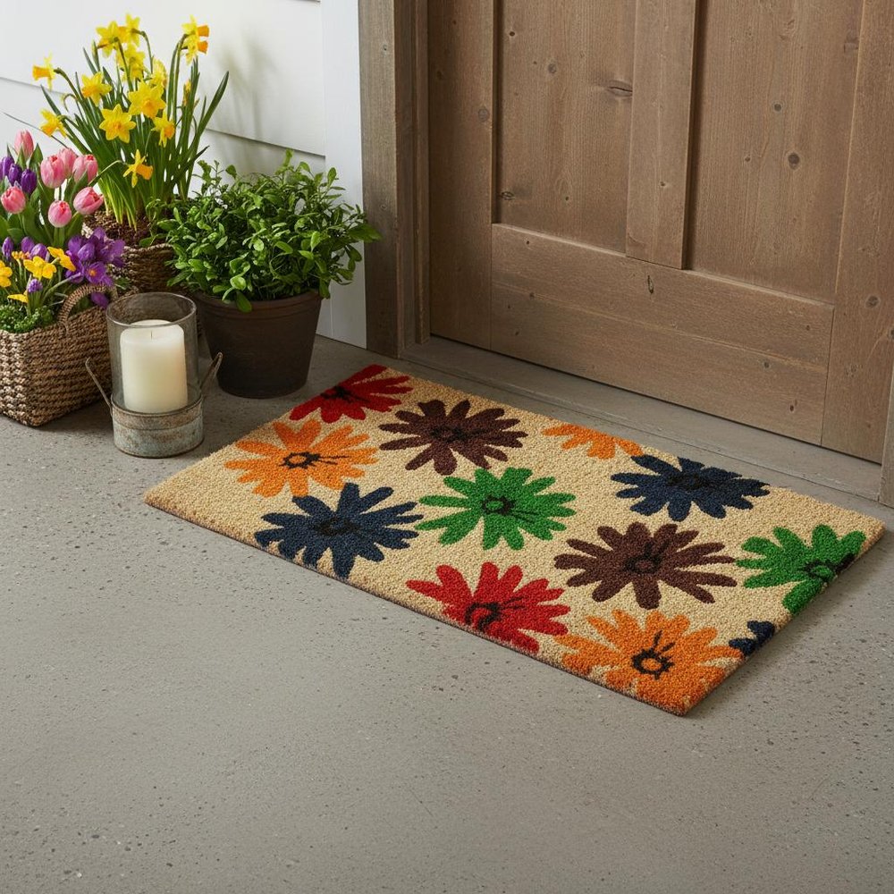 17" X 29" Natural Blue Green And Orange  Floral Outdoor Coir Door Mat HomeRoots