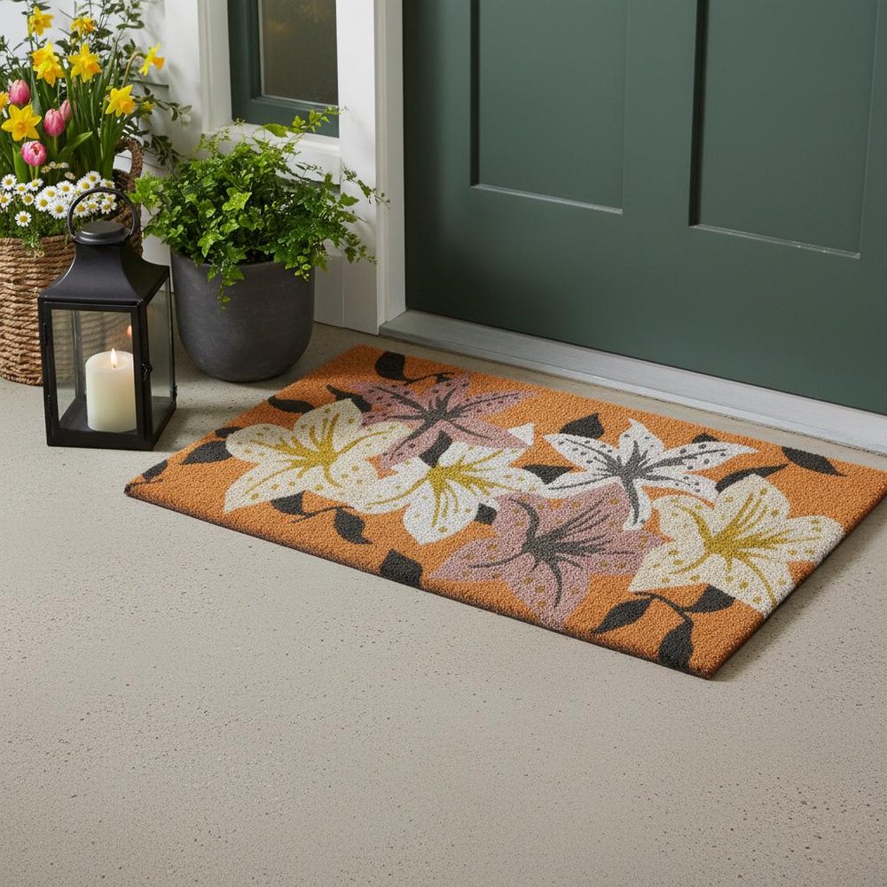17" X 29" Brown Purple And White Floral Outdoor Coir Door Mat HomeRoots