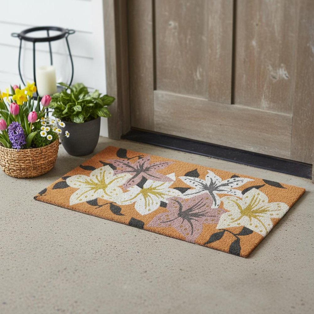 17" X 29" Brown Purple And White Floral Outdoor Coir Door Mat HomeRoots