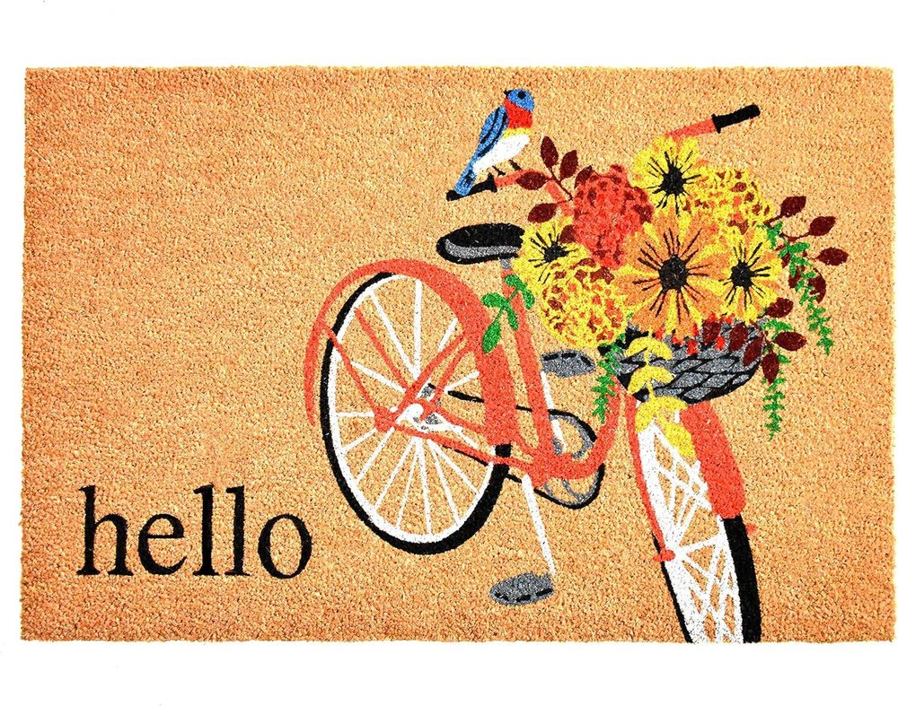 17" X 29" Brown And Orange Bicycle Floral Hello Outdoor Coir Door Mat — view 2