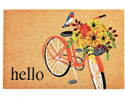 17" X 29" Brown And Orange Bicycle Floral Hello Outdoor Coir Door Mat HomeRoots