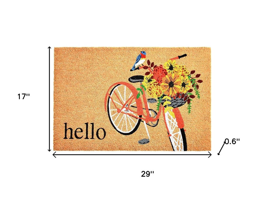 17" X 29" Brown And Orange Bicycle Floral Hello Outdoor Coir Door Mat HomeRoots