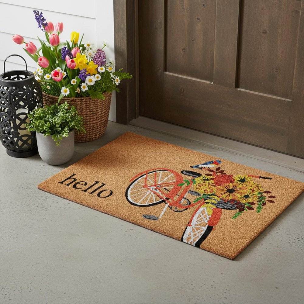 17" X 29" Brown And Orange Bicycle Floral Hello Outdoor Coir Door Mat — view 1