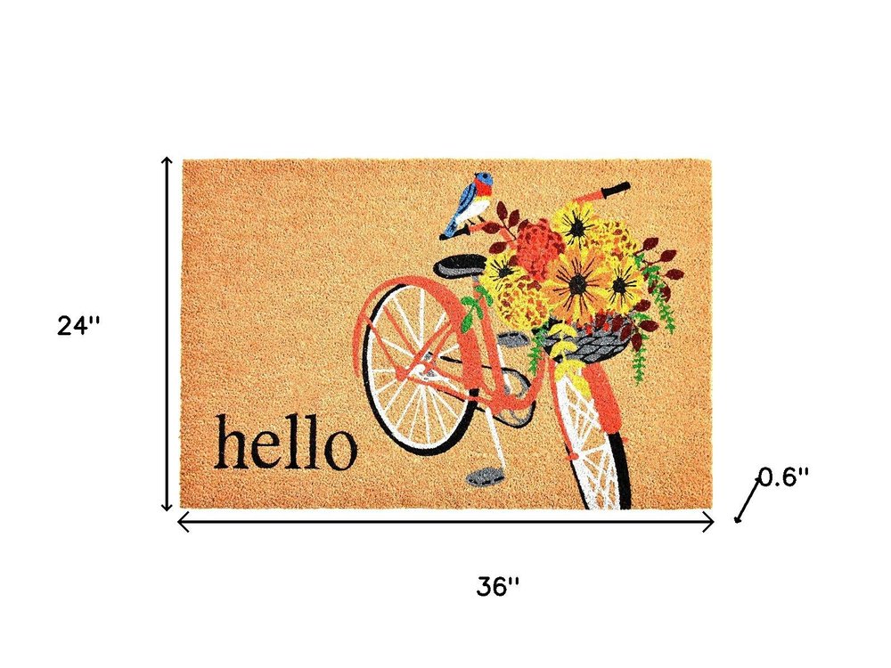 17" X 29" Brown And Orange Bicycle Floral Hello Outdoor Coir Door Mat — view 7