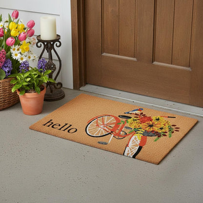 17" X 29" Brown And Orange Bicycle Floral Hello Outdoor Coir Door Mat HomeRoots