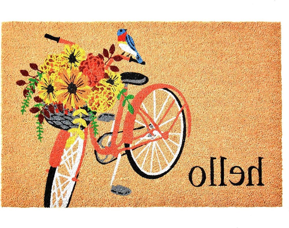 17" X 29" Brown And Orange Bicycle Floral Hello Outdoor Coir Door Mat HomeRoots