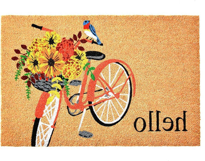 17" X 29" Brown And Orange Bicycle Floral Hello Outdoor Coir Door Mat HomeRoots