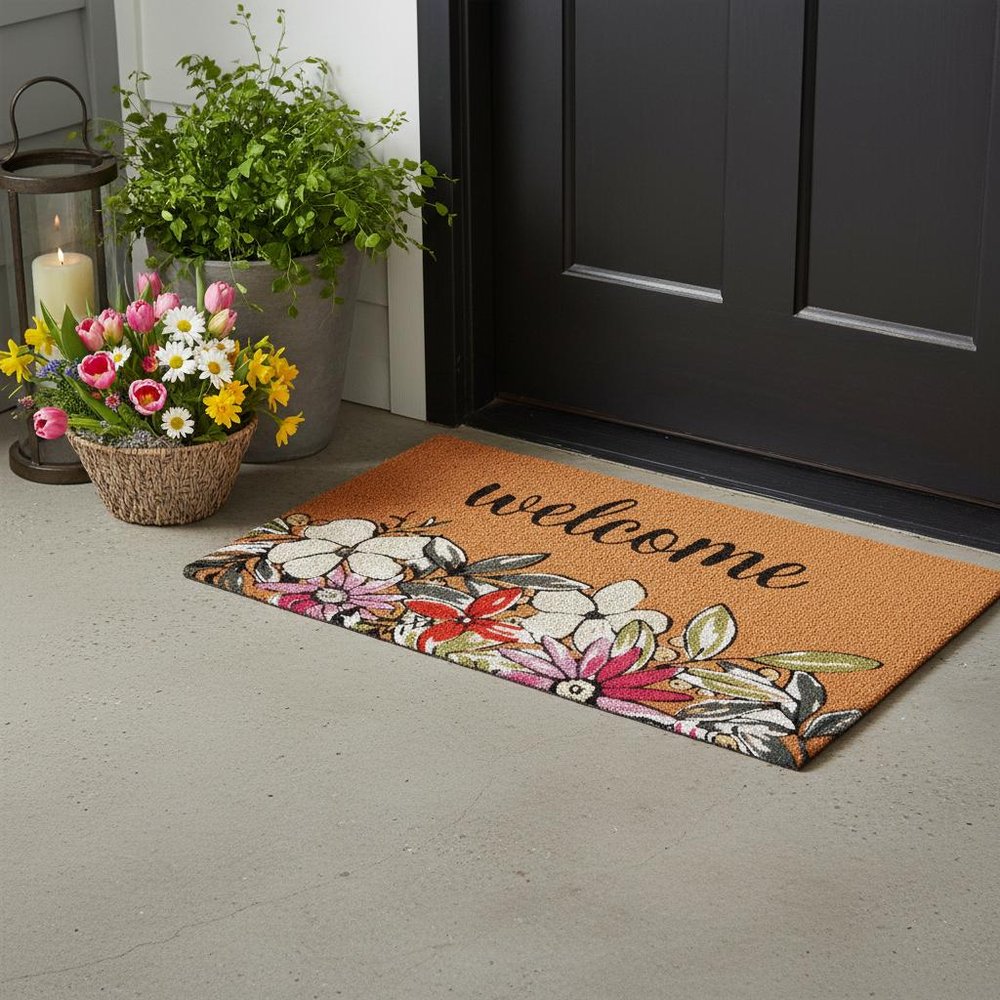 17" X 29" Brown Black And White Floral Welcome Outdoor Coir Door Mat — view 1