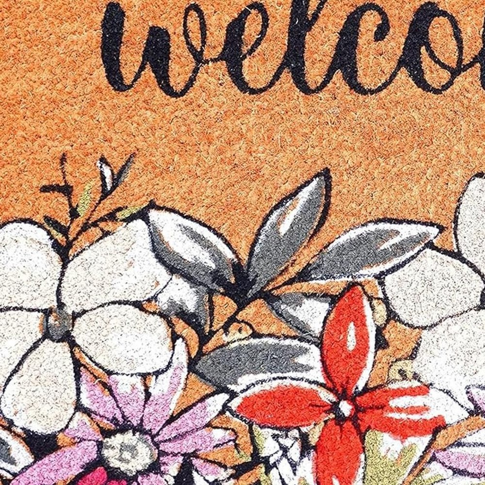 17" X 29" Brown Black And White Floral Welcome Outdoor Coir Door Mat HomeRoots