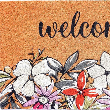 17" X 29" Brown Black And White Floral Welcome Outdoor Coir Door Mat HomeRoots