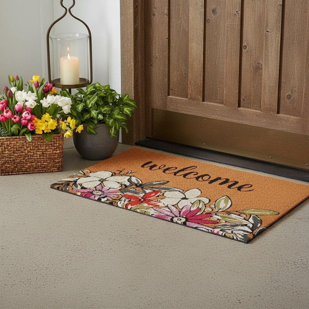 17" X 29" Brown Black And White Floral Welcome Outdoor Coir Door Mat HomeRoots
